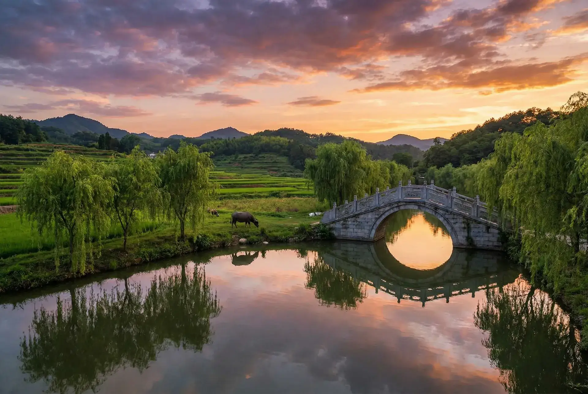 夕阳下的石拱桥与垂柳，水牛在河边吃草 - 老司机下载 乡村美景
