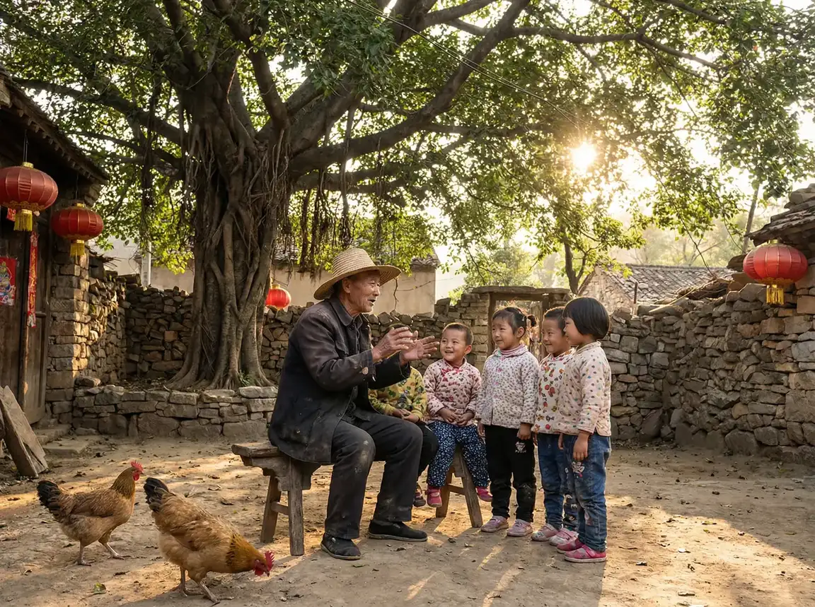 老人在大榕树下给孩子们讲故事 - 老司机下载 乡村记忆